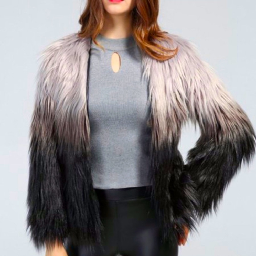 CRUELLA Goth Ombre Gray Black lavender Faux FurJacket boho color block coat S